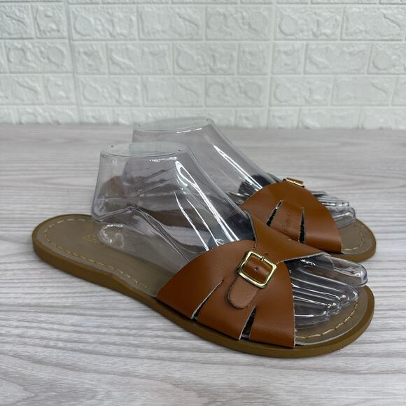 Salt Water Sandals WMNS 9 Hoyway Classic Slides Tan Leather Slip On Flat Buckle - Picture 2 of 11